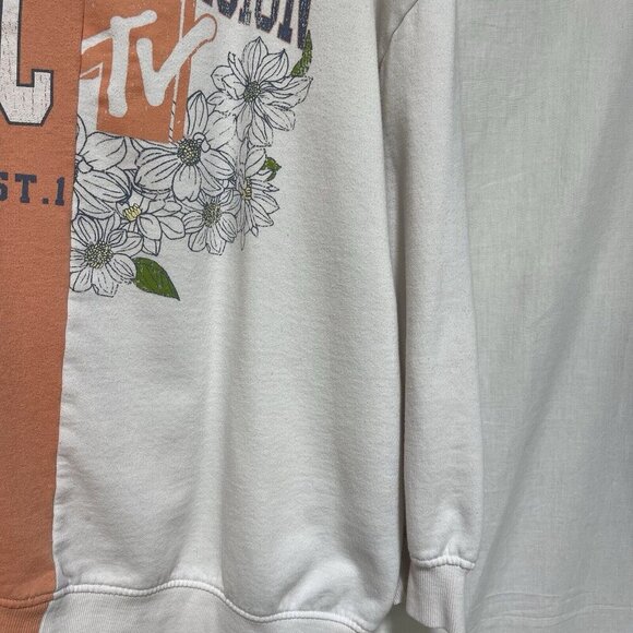 MTV Sweatshirt Medium Spliced Split Retro Crew Neck Pullover Music Floral Peach - Picture 3 of 8